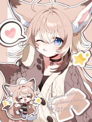 &gt;_&lt; 1girl :3 :d ahoge animal_ears black_choker black_undershirt blue_eyes brown_background brown_hair brown_sweater buttons chibi chibi_inset choker collarbone commentary commission crossed_bangs dated diamond_(shape) dot_nose double-parted_bangs english_commentary facial_mark fox_ears fox_girl fox_tail grid_background hair_between_eyes hair_intakes hand_up heart highres long_hair long_sleeves looking_at_viewer one_eye_closed open_mouth original orphaneater_io outline outside_border paw_print ribbed_sweater sidelocks sleeves_past_fingers sleeves_past_wrists smile speech_bubble star_(symbol) sweater tail tongue tongue_out twitter_username upper_body white_background white_outline