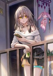 1girl absurdres against_railing black_skirt bra_strap breasts can cellphone condenser_unit grey_hair hanging heart-shaped_gem highres holding holding_can holding_phone honkai:_star_rail honkai_(series) isome leaning_forward long_hair looking_at_viewer loose_clothes loose_shirt medium_breasts mem_(honkai:_star_rail) open_mouth parted_lips phone pink_fur railing shirt skirt smartphone solo star-shaped_pupils star_(symbol) stelle_(honkai:_star_rail) symbol-shaped_pupils tail thigh_strap trailblazer_(honkai:_star_rail) white_shirt yellow_eyes