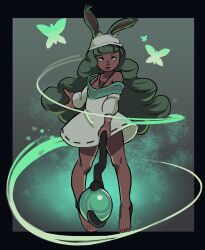 Rule 34 | 1girl, absurdres, animal ears, barefoot, black border, border, bug, butterfly, closed mouth, commentary, dark-skinned female, dark skin, dress, druid rabbit, ears through headwear, english commentary, fluffy hair, full body, green butterfly, green eyes, green hair, grey dress, grey headscarf, headscarf, highres, holding, holding staff, insect, looking at viewer, rabbit and steel, rabbit ears, rabbit girl, ribbon-trimmed dress, ribbon trim, solo, staff, standing, telosturntable, thick eyebrows