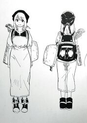 1girl apron bag closed_mouth cooking_pot full_body headwear_request kazuki_satou ladle multiple_views original shoes short_sleeves simple_background smile solo tagme turnaround