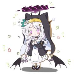 1girl ahoge black_halo blue_archive blush chibi cosplay demon_girl demon_horns demon_wings e_v_e_neko flower full_body hair_flower hair_ornament halo highres hina_(blue_archive) horns long_hair looking_at_viewer mari_(blue_archive) mari_(blue_archive)_(cosplay) purple_eyes solo standing white_background white_hair wings