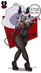 1girl 2025 anger_vein angry annoyed arm_at_side artist_logo artist_name bare_shoulders big_hair black_leotard black_pantyhose black_shoes blush border bow breasts collarbone commentary dark-skinned_female dark_skin demon_girl demon_horns demon_tail detached_collar elbow_gloves english_commentary english_text female_focus floating_hair full_body glass gloves helltaker high_heels highres holding holding_plate horns huge_breasts judgement_(helltaker) leotard logo monster_girl open_mouth outside_border pantyhose parted_bangs plate playboy_bunny pumps sexytimeradio shadow shoes simple_background solo speech_bubble sweat tail v-shaped_eyebrows variant_set white_hair yellow_eyes