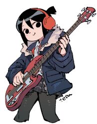 1girl bass_guitar black_eyes black_hair black_skirt closed_mouth cropped_legs bass_guitar fur-trimmed_jacket fur_trim hair_between_eyes headphones highres holding holding_bass_guitar holding_instrument instrument jacket knives_chau light_blush open_clothes open_jacket pantyhose plaid_clothes plaid_skirt pleated_skirt ponytail scott_pilgrim_(series) scott_pilgrim_takes_off shirt short_hair short_ponytail sidelocks signature skirt smile tetsu_(teppei) white_background white_shirt
