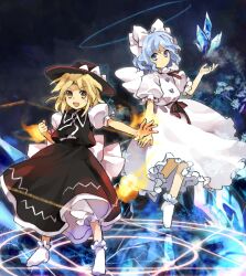 Rule 34 | 2girls, black headwear, black skirt, black vest, blonde hair, bloomers, blue eyes, blue hair, closed mouth, commentary request, cryokinesis, dress, frilled dress, frilled sleeves, frills, hair ribbon, hat, highres, kaigen 1025, light blue hair, mai (touhou), medium hair, multiple girls, neck ribbon, no shoes, open mouth, puffy short sleeves, puffy sleeves, ribbon, shirt, short sleeves, skirt, smile, socks, touhou, touhou (pc-98), underwear, v-shaped eyebrows, vest, white bloomers, white dress, white ribbon, white shirt, white socks, white wings, wings, yellow eyes, yuki (touhou)