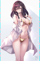 1girl absurdres arknights artist_name bare_shoulders bikini black_hairband blush breasts brown_hair cleavage closed_mouth feet_out_of_frame gold_bikini gold_ribbon hairband highres index_finger_raised lab_coat large_breasts long_hair long_sleeves looking_at_viewer navel open_clothes priestess_(arknights) seabread side-tie_bikini_bottom smile solo standing strap_lift swimsuit symbol-shaped_pupils thigh_gap