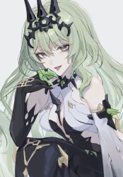 Rule 34 | 1girl, black dress, black gloves, black tiara, breasts, dress, elbow gloves, gloves, green hair, highres, honkai (series), honkai impact 3rd, klq gm, long hair, looking at viewer, mobius (honkai impact), revealing clothes, simple background, slit pupils, small breasts, solo, spikes, tiara, tongue, very long hair, white background