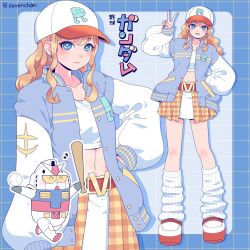 1girl ^_^ arms_up artist_name ball baseball_(object) baseball_bat baseball_cap belt belt_buckle blue_eyes blue_jacket breasts brown_hair brown_skirt buckle character_name closed_eyes colored_sclera commentary cosplay cropped_shirt earrings eighth_note full_body gingham gingham_skirt grid_background gundam hand_in_pocket hand_up haro hat heart highres holding holding_ball holding_baseball_bat jacket jewelry letterman_jacket long_hair long_sleeves looking_at_viewer loose_socks mecha midriff mobile_suit mobile_suit_gundam multicolored_shoes multiple_views musical_note navel open_clothes open_jacket open_mouth overskirt platform_shoes pleated_skirt puffy_sleeves red_belt red_shoes robot rx-78-2_gundam rx-78-2_gundam_(cosplay) shira_neri shirt shoes shorts sidelocks skirt sleeves_past_wrists small_breasts smile socks standing translated two-tone_shoes upper_body v walking wavy_hair white_hat white_shirt white_shorts white_skirt white_socks yellow_sclera