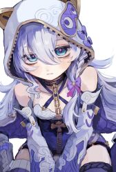 Rule 34 | 1girl, animal hood, asymmetrical legwear, bare shoulders, belt, between legs, blue eyes, braid, breasts, cat hood, choker, closed mouth, collarbone, crotch zipper, detached sleeves, expressionless, front braid, hair between eyes, hand between legs, highres, honkai (series), honkai impact 3rd, hood, inu (lslcr9), long hair, looking at viewer, mismatched legwear, pink pupils, purple belt, purple choker, purple thighhighs, short braid, side braid, simple background, sitting, sleeve belt, small breasts, solo, theresa apocalypse, theresa apocalypse (schicksal&#039;s imperative), thighhighs, wariza, white background, white hair