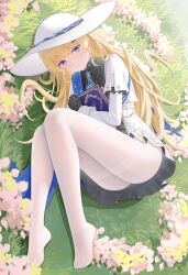 1girl absurdres black_collar black_gloves blonde_hair blue_gemstone blue_sash book closed_mouth collar doraski gem gloves hair_ornament hat high-waist_skirt highres holding holding_book hugging_book hugging_object long_hair long_sleeves looking_at_viewer missing_commentary no_shoes on_grass outdoors pantyhose phoebe_(wuthering_waves) purple_eyes sash shirt skirt smile solo thighband_pantyhose white_hat white_pantyhose white_shirt white_skirt wuthering_waves