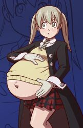 1girl absurdres axel-rosered black_coat black_tailcoat blonde_hair blush coat commission commissioner_upload cuff_links gloves green_eyes hands_on_own_stomach highres long_coat maka_albarn necktie plaid_clothes plaid_skirt pregnant school_uniform skirt smug solo soul_eater striped_necktie sweater_vest tie_clip twintails yellow_sweater_vest