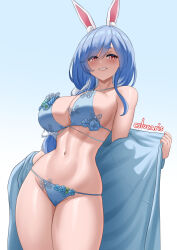 1girl animal_ear_fluff animal_ears artist_name bare_hips bare_shoulders bikini blue_background blue_bikini blue_flower blue_hair blue_jacket blush braid braided_ponytail breasts commentary cowboy_shot cslucaris curvy english_commentary extra_ears eyes_visible_through_hair flower flower-trimmed_bikini flower_trim gradient_background grin highres hololive jacket large_breasts linea_alba long_hair looking_at_viewer mature_female multicolored_hair navel off_shoulder parted_lips pekomama pink_lips rabbit-shaped_pupils rabbit_ears rabbit_girl red_eyes removing_jacket short_eyebrows sideboob sidelocks smile solo stomach string_bikini swept_bangs swimsuit symbol-shaped_pupils thick_eyebrows thighs two-tone_hair virtual_youtuber white_hair wide_hips