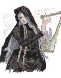 Rule 34 | 1girl, be11prpr, black dress, blue eyes, bonnet, braid, breasts, closed mouth, cropped torso, doll joints, dress, elden ring, elden ring nightreign, frilled dress, frills, goth fashion, gothic lolita, high collar, highres, holding, holding instrument, holding lyre, instrument, joints, juliet sleeves, lolita fashion, long hair, long sleeves, low-braided long hair, low-tied long hair, lyre, music, official alternate costume, parted bangs, playing instrument, puffy sleeves, revenant (elden ring), small breasts, solo, twin braids, white background, white hair
