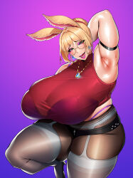 1girl animal_ears arm_behind_head arm_strap arm_up armpits belt blonde_hair blush breasts clemvd earrings eyeshadow glasses gradient_background green_eyes grey_pantyhose hair_bun high_heels highleg highleg_panties highres huge_breasts jewelry lips lipstick looking_at_viewer makeup mole mole_under_mouth necklace open_mouth original panties pantyhose pink_background pink_lips plump purple_background rabbit_ears red_shirt round_eyewear see-through_clothes shirt simple_background single_hair_bun sleeveless sleeveless_shirt smile solo standing thick_thighs thighhighs thighs underwear zipper