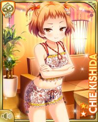 1girl bow brown_hair card_(medium) cat_smile character_name closed_mouth crossed_arms day girlfriend_(kari) hair_bow hair_ornament indoors kishida_chie official_art qp:flapper shirt shorts solo spa standing tagme twintails white_shirt white_shorts yellow_eyes