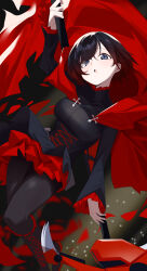 1girl absurdres black_hair boots breasts cape commentary corset english_commentary falling_petals gradient_hair grey_eyes highres holding holding_scythe long_sleeves looking_at_viewer medium_breasts multicolored_hair open_mouth pantyhose petals red_cape red_hair red_skirt rose_petals ruby_rose rwby scythe short_hair skirt solo wako_(1194433260)