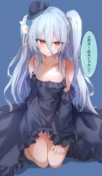 Rule 34 | 1girl, bare shoulders, black dress, black hat, black sleeves, blue background, collarbone, detached sleeves, doll joints, dress, hat, highres, joints, kneeling, long hair, looking at viewer, mamezou (tzakki023), mini hat, orchis, red eyes, shadowverse, shadowverse: worlds beyond, simple background, sleeveless, sleeveless dress, speech bubble, translation request, twintails, white hair