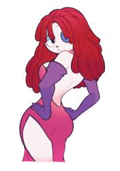 Rule 34 | 1girl, ass, breasts, button eye, buttons, cosplay, dress, elbow gloves, glitch productions, gloves, highres, jessica rabbit, jessica rabbit (cosplay), looking at viewer, looking back, ragatha (the amazing digital circus), red dress, red hair, the amazing digital circus, who framed roger rabbit