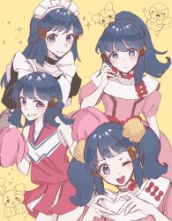 alternate_costume alternate_hairstyle blue_hair bow buneary cheerleader dawn_(pokemon) enekonoshippo27 gen_4_pokemon hair_ornament hairpin heart heart_hands highres maid maid_headdress nintendo pachirisu piplup poke_ball pokemon pokemon_(anime) pokemon_(creature) pokemon_dppt_(anime) ponytail red_bow yellow_background