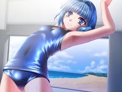 Rule 34 | 00s, 1girl, beach, blue eyes, blue hair, cloud, day, female focus, game cg, highres, hiiro yuki, interior, matching hair/eyes, one-piece swimsuit, sand, school swimsuit, sena shiori, shiny clothes, short hair, sky, solo, standing, swimsuit, tree, water, wet, wet clothes, wet swimsuit, yuuguu settai
