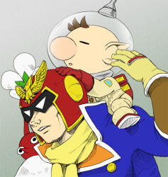 2boys backpack bag big_nose black_eyes blue_coat bracer brown_hair buttons captain_falcon clenched_teeth closed_eyes coat collared_coat colored_skin commentary_request f-zero flower full_body gloves grey_background hand_on_another&#039;s_head height_difference helmet high_collar lapels male_focus multiple_boys naru_(wish_field) nintendo no_mouth notched_lapels olimar open_mouth patch pikmin_(creature) pikmin_(series) pointy_ears pointy_nose red_bag red_gloves red_helmet red_pikmin red_skin scarf short_hair simple_background sitting_on_shoulder solid_eyes space_helmet spacesuit super_smash_bros. teeth two-sided_coat two-sided_fabric upper_body very_short_hair white_eyes white_flower yellow_gloves yellow_scarf