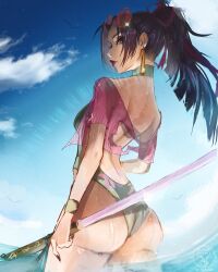 1girl absurdres ass backless_swimsuit beach blue_sky earrings eyewear_on_head hair_ribbon highres holding holding_sword holding_weapon jewelry lens_flare looking_at_viewer looking_back marvel marvel_rivals official_alternate_costume one-piece_swimsuit ponytail psylocke ribbon round_eyewear shiszukaa sky solo sunglasses swimsuit sword water weapon wet x-men