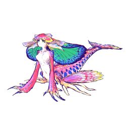 1girl animal_hands blue_eyes breasts claws collarbone colored_sclera colored_skin expressionless fins full_body gills head_fins highres medium_breasts monster_girl multicolored_skin navel original pink_hair pink_skin scales shrimp_tail simple_background solo spots tail tama_go_shi white_background white_skin yellow_sclera