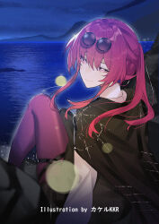 1girl artist_name black_jacket closed_mouth eyewear_on_head from_behind glasses highres honkai:_star_rail honkai_(series) jacket kafka_(honkai:_star_rail) long_hair looking_at_viewer missing_commentary night night_sky ocean outdoors pantyhose pince-nez purple_eyes purple_hair purple_pantyhose round_eyewear sitting sky smile solo spider_web_print srpzk sunglasses