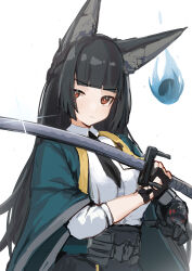 Rule 34 | 1girl, absurdres, animal ear fluff, animal ears, belt, black belt, black gloves, black hair, blunt bangs, closed mouth, dodo (yatotoyatoto), fingerless gloves, fox ears, fox girl, gloves, high-waist skirt, highres, holding, holding sword, holding weapon, hoshimi miyabi, katana, light blush, long hair, looking at viewer, red eyes, serious, shirt, sidelocks, simple background, single fingerless glove, skirt, solo, sword, weapon, white background, white shirt, zenless zone zero