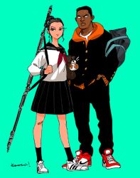 1boy 1girl dark_skin finn_(star_wars) hair_bun hood hoodie kotteri rey_(star_wars) school_uniform serafuku single_hair_bun staff standing star_wars