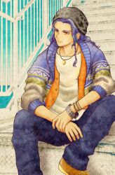 1boy alternate_costume azu_rin_go black_hat blue_cardigan blue_hair blue_pants blue_sky bokujou_monogatari bokujou_monogatari:_mittsu_no_sato_no_taisetsuna_tomodachi boots bracelet braid brown_boots cardigan casual closed_mouth collarbone contemporary curtained_hair day elbows_on_knees feet_out_of_frame hand_on_own_wrist hat highres jewelry knees_up lace-up_boots long_hair ludus_(bokujou_monogatari) male_focus multiple_bracelets necklace ocean open_cardigan open_clothes open_vest orange_eyes orange_vest outdoors pants patterned_clothing shirt side_braids sitting sitting_on_stairs sky solo stairs thick_eyebrows three-quarter_sleeves vest white_shirt