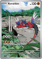 animal_focus artist_name blue_sky card_(medium) character_name closed_eyes closed_mouth cloud cloudy_sky company_name copyright_name copyright_notice day dragon english_text full_body koraidon leaf lying nakai_mina nintendo no_humans official_art outdoors pokemon pokemon_(creature) pokemon_card pokemon_focus pokemon_tcg sky sleeping solo third-party_source trading_card tree water waterfall