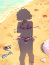 1girl alternate_costume beach bikini crab dressed_shadow_(meme) embarrassed h3p0 hand_on_own_hip highres implied_nudity meme ocean osu! panties pink_bikini pippi_(osu!) sand sandals solo swimsuit toes underwear unworn_bikini unworn_panties