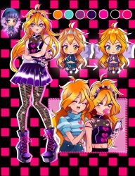 3girls :3 ^_^ ahoge alternate_universe annoyed aqua_eyes arrow_(symbol) bad_id bad_twitter_id bare_shoulders belt belt_buckle black_background black_boots black_hairband black_nails black_pantyhose black_shirt bloom_(winx_club) blue_arm_warmers blue_boots blue_dress blue_eyeshadow blue_hairband blue_shirt blue_skirt blue_sweater bob_cut boots broken_heart_print buckle cellphone_charm character_request charm_(object) checkered_background chewing_gum chibi chocofish closed_eyes closed_mouth color_guide commentary crop_top cropped_sweater cropped_torso crossed_arms dark_bloom_(winx_club) denim denim_skirt dress dual_persona english_commentary expressionless eyelashes eyeshadow fairy fairy_wings fishnet_pantyhose fishnets full_body furrowed_brow glitter gloves gold_tiara grey_pantyhose hair_between_eyes hairband hands_on_another&#039;s_shoulders hands_on_own_cheeks hands_on_own_face happy heart heart_print highres kneehighs lace-up_boots light_particles long_hair magical_girl makeup midriff miniskirt multiple_girls multiple_views nail_polish navel orange_hair outline pantyhose pink_background platform_boots pleated_skirt pocket punk purple_belt purple_boots purple_eyes purple_eyeshadow purple_gloves purple_hair purple_outline purple_shirt purple_skirt purple_socks purple_wings shirt short_dress silver_tiara skirt skirt_set sleeveless sleeveless_shirt slit_pupils smile smirk socks spiked_hair striped_clothes striped_sweater sweater toned toned_female torn_clothes torn_pantyhose torn_shirt two-tone_background two-tone_sweater very_long_hair white_outline white_sweater wings winx_club yellow_eyes