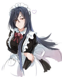 Rule 34 | 1girl, absurdres, arm grab, black hair, breasts, brown eyes, closed mouth, eyes visible through hair, frills, heart, highres, long hair, looking at viewer, maid, maid headdress, origami yukari, simple background, sketch, solo, toji no miko, white background, yukikuma (yukikuma 018), yukikuma 017