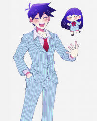 Rule 34 | 1boy, 1girl, :d, ^ ^, antenna hair, black hair, blue jacket, blue pants, bossman hero, chibi, chibi inset, closed eyes, closed mouth, collarbone, collared shirt, commentary, commentary request, cowboy shot, double-parted bangs, english commentary, facing another, fingernails, gradient hair, grey background, hair behind ear, hair between eyes, halftone, hand in pocket, hand up, hero (headspace) (omori), hero (omori), jacket, layered sleeves, long hair, long sleeves, mari (headspace) (omori), mari (omori), maromichan, mixed-language commentary, multicolored hair, necktie, omori, open mouth, pants, purple hair, red necktie, shirt, short hair, simple background, smile, solo focus, standing, standing on one leg, star (symbol), striped clothes, striped jacket, striped pants, teeth, tongue, two-tone hair, upper teeth only, vertical-striped clothes, vertical-striped jacket, vertical-striped pants, very short hair, white shirt