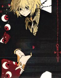 1boy androgynous black_eyes black_suit blonde_hair chain closed_mouth collared_shirt disembodied_eye formal_clothes hunter_x_hunter kurapika long_sleeves looking_at_viewer male_focus mizu1202001 red_background shirt short_hair simple_background sitting solo suit yellow_shirt