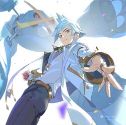 1boy absurdres blue_eyes bum_hico closed_mouth gem gen_3_pokemon green_gemstone highres holding holding_poke_ball jacket jewelry long_sleeves looking_at_viewer male_focus mega_metagross mega_pokemon metagross nintendo official_alternate_costume pants poke_ball poke_ball_(basic) pokemon pokemon_(creature) pokemon_masters_ex red_eyes ring short_hair smile spiked_hair steven_stone steven_stone_(arc_suit) white_jacket