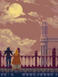 aircraft airship animated animated_gif bird cecil_harvey cloud copyright_name final_fantasy final_fantasy_iv flag from_behind full_moon long_hair moon mykar pixel_art rosa_farrell sky standing