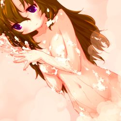 Rule 34 | 0123456789, 1girl, anyamal tantei kirumin zoo, blush, breasts, brown hair, collarbone, female focus, groin, long hair, lowres, mikogami nagisa, navel, nude, smile, soap bubbles, solo, wet