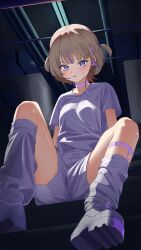 1girl absurdres blonde_hair blush breasts choker highres hololive hololive_dev_is looking_at_viewer multicolored_hair parted_lips purple_choker purple_eyes purple_hair selopangji shirt shoes short_hair shorts sitting small_breasts socks soles stairs streaked_hair sweat t-shirt todoroki_hajime two-tone_hair two_side_up virtual_youtuber white_shirt white_shoes white_shorts white_socks