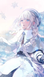 1girl beret blue_eyes blue_hat blue_necktie braid commentary_request dress gloves hat highres koa_tcbs long_hair long_sleeves looking_up low_twintails necktie open_mouth original smile snowflakes snowing solo twin_braids twintails white_dress white_gloves white_hair winter_clothes