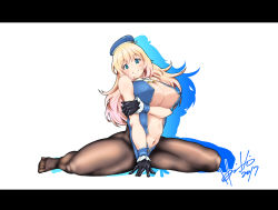 10s 1girl adapted_costume atago_(kancolle) bad_anatomy bad_feet bare_arms bare_shoulders beret black_gloves black_pantyhose blonde_hair blue_eyes breasts center_opening covered_erect_nipples female_focus gloves hat hori_shin kantai_collection large_breasts long_hair navel pantyhose signature sleeveless smile solo
