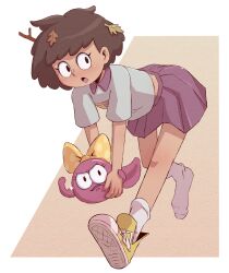 2girls :o amphibia animal anne_boonchuy area112 bow brown_eyes brown_hair dark_skin full_body grey_shirt highres holding holding_animal leaf leaf_on_head leaning_forward multiple_girls open_mouth pleated_skirt polly_plantar purple_skirt school_uniform shirt shoes short_hair single_shoe sjms_school_uniform skirt socks yellow_shoes