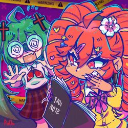 2girls ahoge ascot blue_outline book bow bowtie coke-bottle_glasses collared_shirt confessions_of_a_rotten_girl_(vocaloid) cross_hair_ornament drill_hair fingernails flower glasses green_hair gyaru hair_between_eyes hair_flower hair_ornament hairclip hatsune_miku heart heart_hair_ornament holding holding_book inserttextpuchi kasane_teto kogal long_fingernails long_hair magical_miracle_metagalphose_(synthv) manba_gyaru multiple_girls opaque_glasses open_mouth outline plaid_clothes plaid_skirt pleated_skirt purple_bow purple_bowtie purple_nails red_ascot red_eyes red_hair round_eyewear shirt short_sleeves signature skirt socks songover star_(symbol) star_hair_ornament striped_bow striped_bowtie striped_clothes sweater twin_drills twintails utau very_long_hair white_shirt yellow_sweater