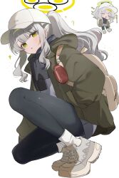 1girl absurdres backpack bag black_pantyhose blue_archive chibi chibi_inset commentary full_body green_jacket grey_hair hare_(blue_archive) hare_(camp)_(blue_archive) hat highres jacket long_hair looking_at_viewer official_alternate_costume pantyhose ponytail shirt shoes shusuchii sparkle squatting symbol-only_commentary wavy_hair white_background white_hat white_shirt yellow_eyes