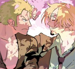 Rule 34 | 2boys, ^ ^, blonde hair, blue shirt, closed eyes, collared shirt, commentary, curly eyebrows, facial hair, goatee, green hair, hashtag-only commentary, highres, japanese clothes, kimono, male focus, multiple boys, mustache, necktie, one piece, r3fekpz4io20927, roronoa zoro, sanji (one piece), shirt, short hair, smile, stitched torso, stitches, symbol-only commentary, upper body, v-shaped eyebrows