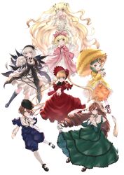 6+girls absurdres blonde_hair blue_eyes full_body green_eyes green_hair heterochromia highres hinaichigo holding holding_umbrella kanaria kirakishou looking_at_viewer majinno multiple_girls parasol red_eyes rozen_maiden shinku souseiseki suigintou suiseiseki twintails umbrella white_background