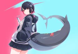 1girl absurdres black_hair black_hoodie black_skirt colored_inner_hair cowboy_shot ellen_joe fins fish_tail hairband hand_in_pocket highres holding holding_phone hood hooded_jacket hoodie jacket lollipop_in_mouth looking_at_viewer metal_hairband miniskirt mole mole_under_eye multicolored_hair phone razor_blade_hair_ornament scar scar_on_tail shark_girl shark_tail short_hair sido_262 skirt spiked_headband tail zenless_zone_zero