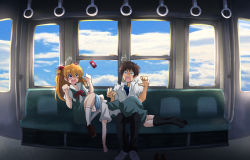 1boy 2girls ayanami_rei black_legwear black_pants blue_eyes blue_hair blue_skirt blush bow cellphone cloud crossed_legs earphones embarrassed eyes_visible_through_hair face_in_crotch flying fujitaka_nasu hair_between_eyes hands_up head_under_skirt ikari_shinji interface_headset_(evangelion) legs_up long_hair lying lying_on_lap multiple_girls neon_genesis_evangelion nerv on_stomach open_mouth orange_hair pants phone rebuild_of_evangelion red_bow school_uniform seat shirt shoes short_hair sitting skirt sky sleeping sleeping_on_person smartphone socks souryuu_asuka_langley surprised suspender_skirt suspenders tearing_up train_interior two_side_up white_legwear white_shirt window