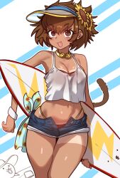 1girl absurdres bare_shoulders bikini bikini_under_clothes bikini_visible_through_clothes blush breasts brown_eyes brown_hair camisole choker cleavage commentary cowboy_shot crop_top dark-skinned_female dark_skin ebora english_commentary fang highres kuu_(nyanko_daisensou) midriff monkey_tail navel nyanko_daisensou open_mouth outline red_bikini short_hair short_shorts shorts sidelocks simple_background small_breasts smile solo surfboard swimsuit tail tan tanline visor_cap wristband